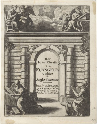 Fire evangelister omkring en port Titelside for: Junius, Franciscus og Marshall, Thomas. Quatuor D.N. Jesu Christi S.S. Evangelia Gothicè & Anglo-Saxonicè, 1665 af Abraham Dircksz. Santvoort
