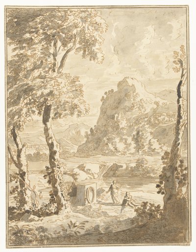 Arkadisk landskab med små figurer af Abraham Genoels (II)