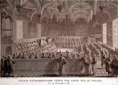 Første af den franske revolution: Ekstraordinær session afholdt af Louis XVI (1754-1793) i Versailles-slottet, 19. november af Abraham Girardet