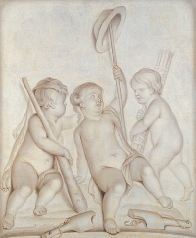 De tre keruber (grisaille), Putti med attributterne til Hercules og Mercury, 1767 af Abraham Hendrick van Beesten