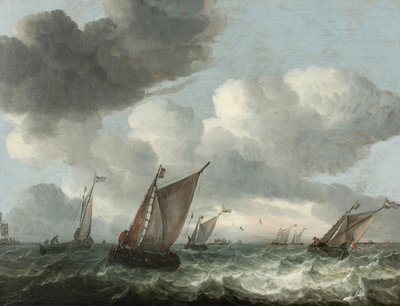 Fiskerbåde ud for kysten i et uroligt hav (olie på panel) af Abraham Hendricksz van Beyeren