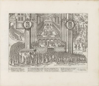 Udsigt over det ydre af Westminster Abbey under kroningen af James I. af Abraham Hogenberg