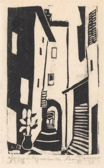 Gadeudsigt med trapper i Cagnes-sur-Mer Alley i Cagnes-sur-Mer (titel på objekt) af Abraham Johannes Jansma (signed by artist)