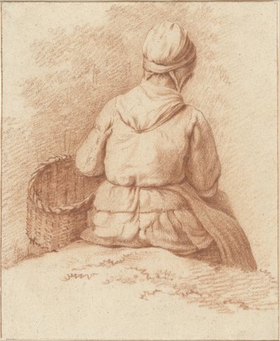 Siddende fiskerkone med en kurv på armen, set bagfra af Abraham Johannes Ruytenschildt