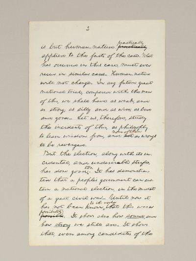 Autografmanuskript af Lincolns valgsejrstale som præsident, leveret i Washington D.C. fra vinduet i Det Hvide Hus om aftenen den 10. november af Abraham Lincoln