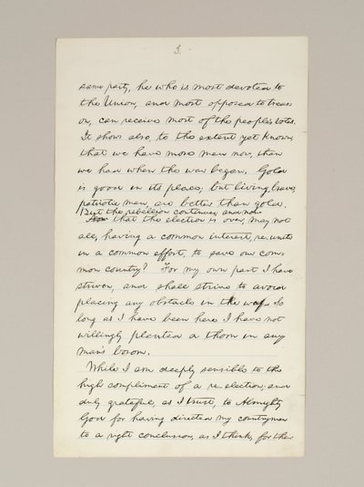 Autografmanuskript af Lincolns valgsejrstale som præsident, leveret i Washington D.C. fra vinduet i Det Hvide Hus om aftenen den 10. november af Abraham Lincoln