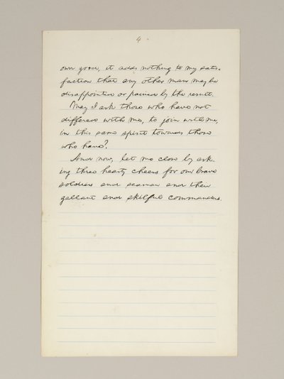 Autografmanuskript af Lincolns valgsejrstale som præsident, leveret i Washington D.C. fra vinduet i Det Hvide Hus om aftenen den 10. november af Abraham Lincoln