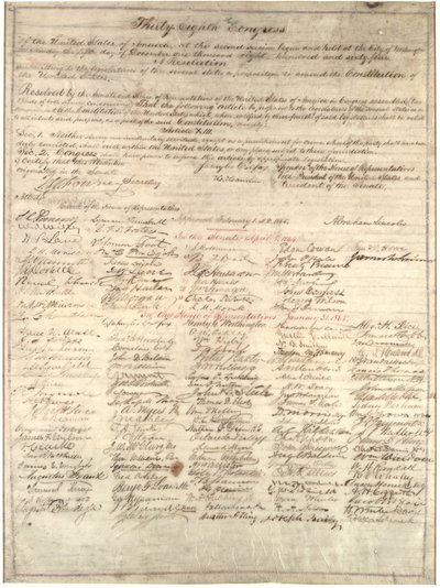 Kongreskopi af resolutionen om det trettende ændringsforslag, 1. februar 1865 (blæk på pergament) af Abraham Lincoln