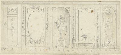Design til rumindretning med fem paneler, den midterste med dekorativ vase af Abraham Meertens