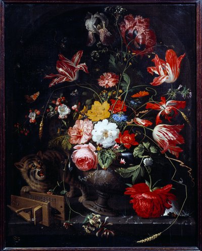 Kat vælter en blomstervase. Maleri af Abraham Mignon (1640-1679) ec. alle af Abraham Mignon