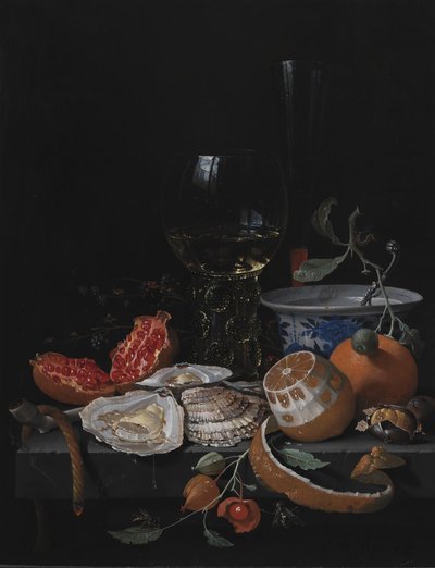 Østers, frugt og et vinglas på et stenbord af Abraham Mignon