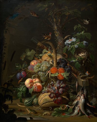 Stilleben med frugt, fisk og en rede, ca. 1675. af Abraham Mignon