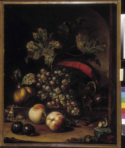 Stilleben af frugter og dyr (olie på lærred) af Abraham Mignon