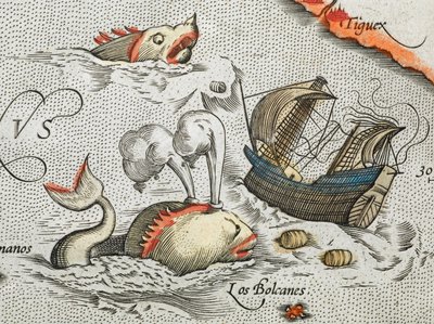 (Detalje). Sømonstre, der angriber et skib. af Abraham Ortelius