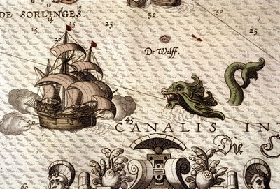 Et marinemonster, der angriber en galjon (karavel). Detalje af et kort i "Theatrum Orbis Terrarum" af Abraham Ortelius, Antwerpen 1584 af Abraham Ortelius