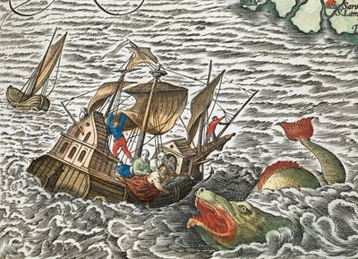 Et skib bliver angrebet af et søuhyre fra Typus orbis terrarum, af Abraham Ortelius af Abraham Ortelius