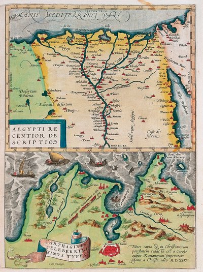 En nyere Beskrivelse af Ægypten. - Carthage Bay Type Geografisk kort over Egypten med byerne Nilen og Kartago (Tunesien) fra "Theatrum Orbis Terrarum" af Abraham Ortelius (Oertel, Ortell eller Ortel af Abraham Ortelius