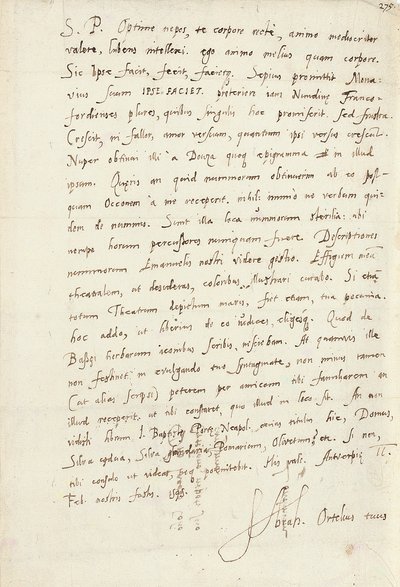 Autografbrev underskrevet til hans nevø, Jacob Cool (Jacobus Colius), Antwerpen, 2. februar 1595 (pen og blæk på papir) af Abraham Ortelius