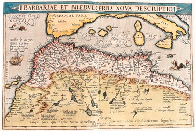 Barbariae og Biledulgerid, Ny Beskrivelse. Geografikort over det nordlige Afrika fra "Theatrum Orbis Terrarum" af Abraham Ortelius (Oertel, Ortell eller Ortel af Abraham Ortelius