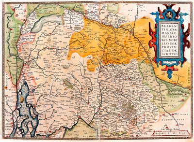 Geografisk kort over territoriet syd for Holland Germanic (Kempeland) taget fra "Theatrum Orbis Terrarum" af Abraham Ortelius (Oertel, Ortell eller Ortel af Abraham Ortelius