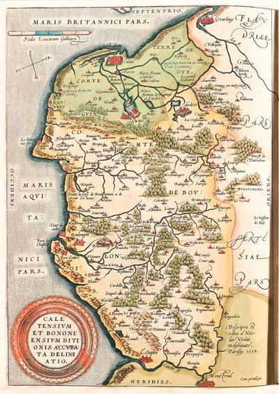 Geografisk kort over Boulonnais-territoriet (Comte de Boulogne), Artois og Fransk Flandern (Frankrig) inklusive stederne Calais, Arches, Greuelinge, Etaples og Montreuil... taget fra "Theatrum Or af Abraham Ortelius