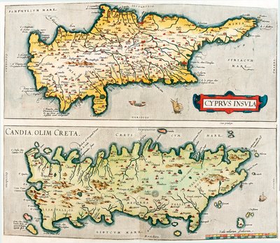 Cypern Island - Candia, tidligere Kreta Geografikort over Middelhavsøerne Cypern og Kreta i Grækenland fra "Theatrum Orbis Terrarum" af Abraham Ortelius (Oertel, Ortell eller Ortel af Abraham Ortelius