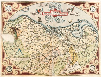 Descriptio Germaniae Inferioris Geografisk kort over det nederlandske territorium germansk fra "Theatrum Orbis Terrarum" af Abraham Ortelius (Oertel, Ortell eller Ortel af Abraham Ortelius