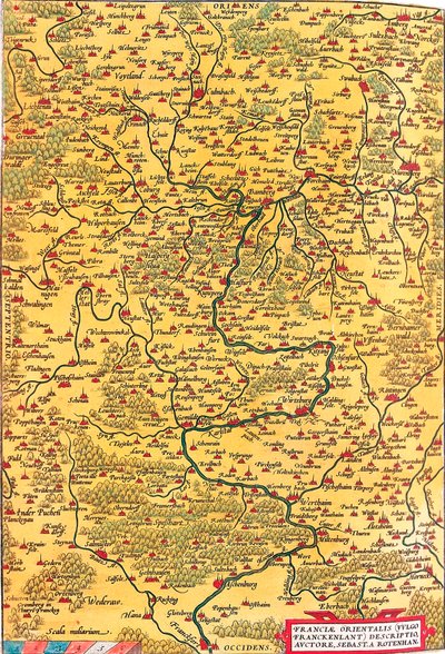 Østfrankrig (Vulgo/Franckenlant) Beskrivelse, forfatter, Sebast. A. Rotenhan Geografikort over Frankens territorium i Tyskland med byen Frankfurt (også byen Karlstadt..) taget fra "Theatrum Orbis Terrarum" af Abraham Ortelius (Oer) af Abraham Ortelius
