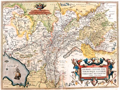 En sand Beskrivelse af Gelriae, Cliviae, Nabosteder, af Christian Schrot. Af forfatteren. Geografisk kort over det tyske Hollands territorium fra "Theatrum Orbis Terrarum" af Abraham Ortelius (Oertel, Ortell eller Ortel af Abraham Ortelius