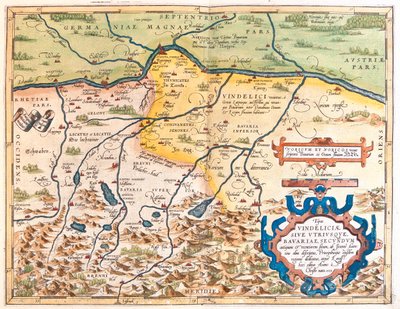 Tyskland (delstat: Bayern), Østrig (delstat: Tyrol, Oberösterreich, Salzburg) af Abraham Ortelius