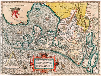 En ny beskrivelse af Hollandiae antiquorum catthorum sedis, auctore lacobo a daventria Geografisk kort over Hollands territorium med byerne Amsterdam og Haarlem... taget fra "Theatrum Orbis Terrarum" af Abraham Ortelius (Oertel, Ortell eller Orte af Abraham Ortelius