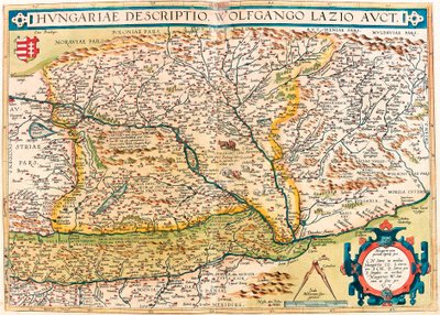 Ungarsk Beskrivelse, Wolfgango Lazio Auct. Geografikort over Ungarns territorium fra "Theatrum Orbis Terrarum" af Abraham Ortelius (Oertel, Ortell eller Ortel af Abraham Ortelius