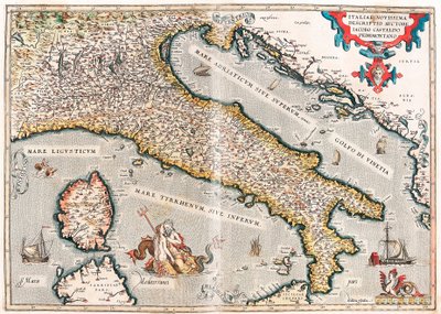 Den seneste beskrivelse af Italien af ​​Iacob Castaldo Pedemontano Geografikort over Italiens territorium taget fra "Theatrum Orbis Terrarum" af Abraham Ortelius (Oertel, Ortell eller Ortel af Abraham Ortelius