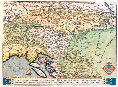 Italien (region: Friuli-Venezia Giulia), Østrig (delstat: Tyrol, Kärnten), Slovenien, det nordlige Kroatien, det centrale og nordlige Bosnien-Hercegovina af Abraham Ortelius