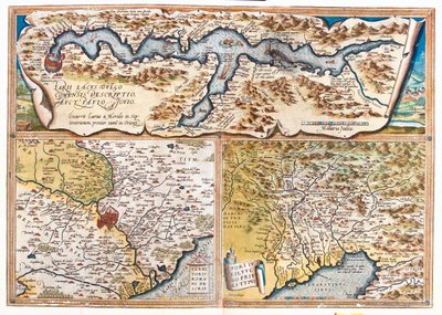 Comosøen (Italien; region: Lombardiet), Rom (Italien; region: Lazio), Triestebugten (Italien: region Friuli-Venezia Giulia; Slovenien: traditionel region Slovenian Littoral; Kroatien: Istrien County) af Abraham Ortelius