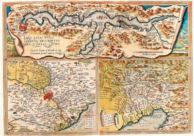 Larius Lacus Vulgo romerske territorium i Julius Forum. Geografikort over det nordlige Italien fra "Theatrum Orbis Terrarum" af Abraham Ortelius (Oertel, Ortell eller Ortel af Abraham Ortelius