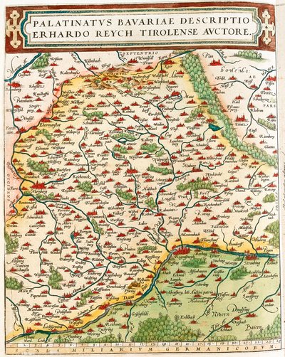 Pfalz af Bayern Geografisk kort over Bavieres territorium i Tyskland fra "Theatrum of the World" af Abraham Ortelius (Oertel, Ortell eller Ortel af Abraham Ortelius