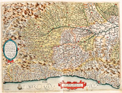 Beskrivelse af Piemonte og de nærliggende regioner af James Castaldo. Geografisk kort over Italiens territorium fra Monaco i Frankrig til Genes og passerer gennem provinserne Imperia de Savona og Genova fra "Theatrum Orbis Terrarum" af Abraham Ortelius ( af Abraham Ortelius