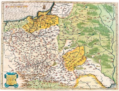 En beskrivelse af Polen og dets naboregioner. Geografisk kort over Polen fra "Theatrum Orbis Terrarum" af Abraham Ortelius (Oertel, Ortell eller Ortel af Abraham Ortelius