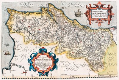 Kort over Portugals territorium fra "Theatrum Orbis Terrarum" af Abraham Ortelius (Oertel, Ortell eller Ortel). af Abraham Ortelius