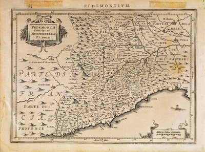 Fyrstendømmet Piemonte, hertugdømmet Monferrato, Vestligurien og en del af Østligurien-regionen, fra Theatrum Orbis Terrarum af Abraham Ortelius af Abraham Ortelius
