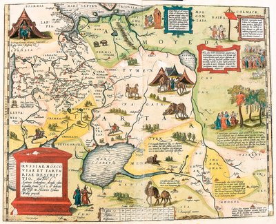 Beskrivelse af Rusland, Moskus og Tartar. Forfatter Antonio Ienkenson Anglo, udgivet i London i 1562 Geografisk kort over Ruslands territorium fra "Theatrum Orbis Terrarum" af Abraham Ortelius (Oertel, Ortell eller Ortel af Abraham Ortelius