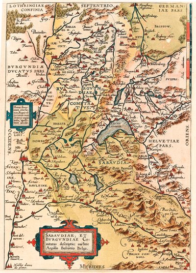 Sabaudia et Burgundiae Comitus beskrivelse Kort over territoriet Bourgogne og Savoyen (Pontarlier, Dijon, Leman-søen, Schweiz) fra "Theatrum Orbis Terrarum" af Abraham Ortelius (Oertel, Ortell eller Ortel). af Abraham Ortelius