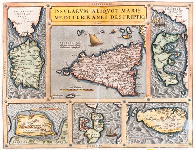 Sardinien, Sicilien, Korfu, Djerba, Elba, Malta, Italien, Grækenland, Tunesien, Malta af Abraham Ortelius