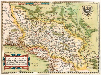 Silesia Typus Descriptio and Descriptus og udgivet af Martino Heilwid Neilsense, og dedikeret til den adelige mand Nicolao Rhedinger Anno 1561 Geografisk kort over territoriet syd for Frankfurt i Tyskland nær Polen fra "Theatrum Orbis Terrarum" af Abraham  af Abraham Ortelius