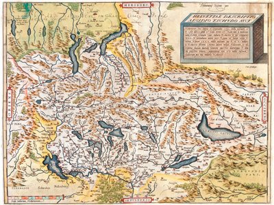 Schweiz, Tyskland (delstat: Baden-Württemberg, Bayern), Østrig (delstat: Voralberg), Liechtenstein, Italien (region: Trentino-Alto Adige, Lombardiet, Piemonte, Aostadalen), Frankrig (region: Franche-Comté, Rhône-Alpes, Alsace), af Abraham Ortelius