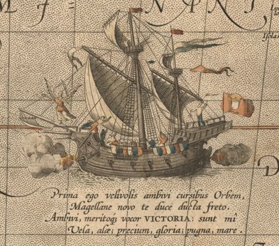 Victoria, en spansk karak, skib af Ferdinand Magellans Armada de Molucca. Aus Maris Stillehavet af Abraham Ortelius