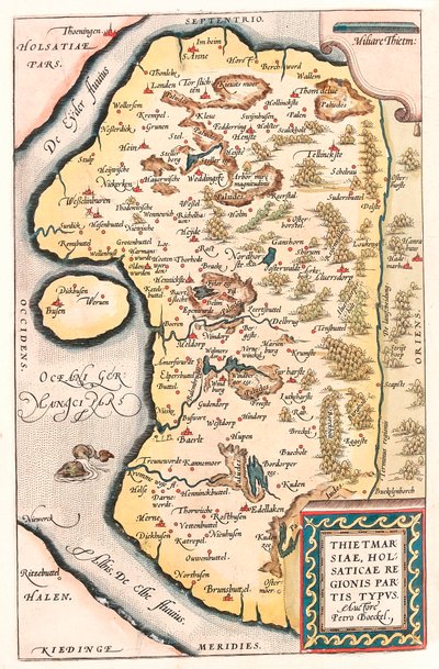 Thietmarsiae, Holsaticae regionale partier typus Geografi af Nordtyskland med byen Kuden taget fra "Theatrum Orbis Terrarum" af Abraham Ortelius (Oertel, Ortell eller Ortel). af Abraham Ortelius