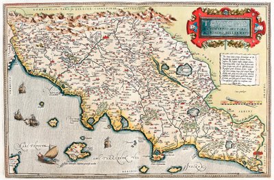 af Thuscia. Beskrivelse af Hieronymus Bellamarto Geografikort over Toscanas territorium i Italien fra "Theatrum Orbis Terrarum" af Abraham Ortelius (Oertel, Ortell eller Ortel af Abraham Ortelius