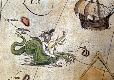 Triton spiller lut nær øen Saint Brendan (Brendan). "Theatrum Orbis Terrarum" af Abraham Ortelius, Antwerpen 1584. af Abraham Ortelius